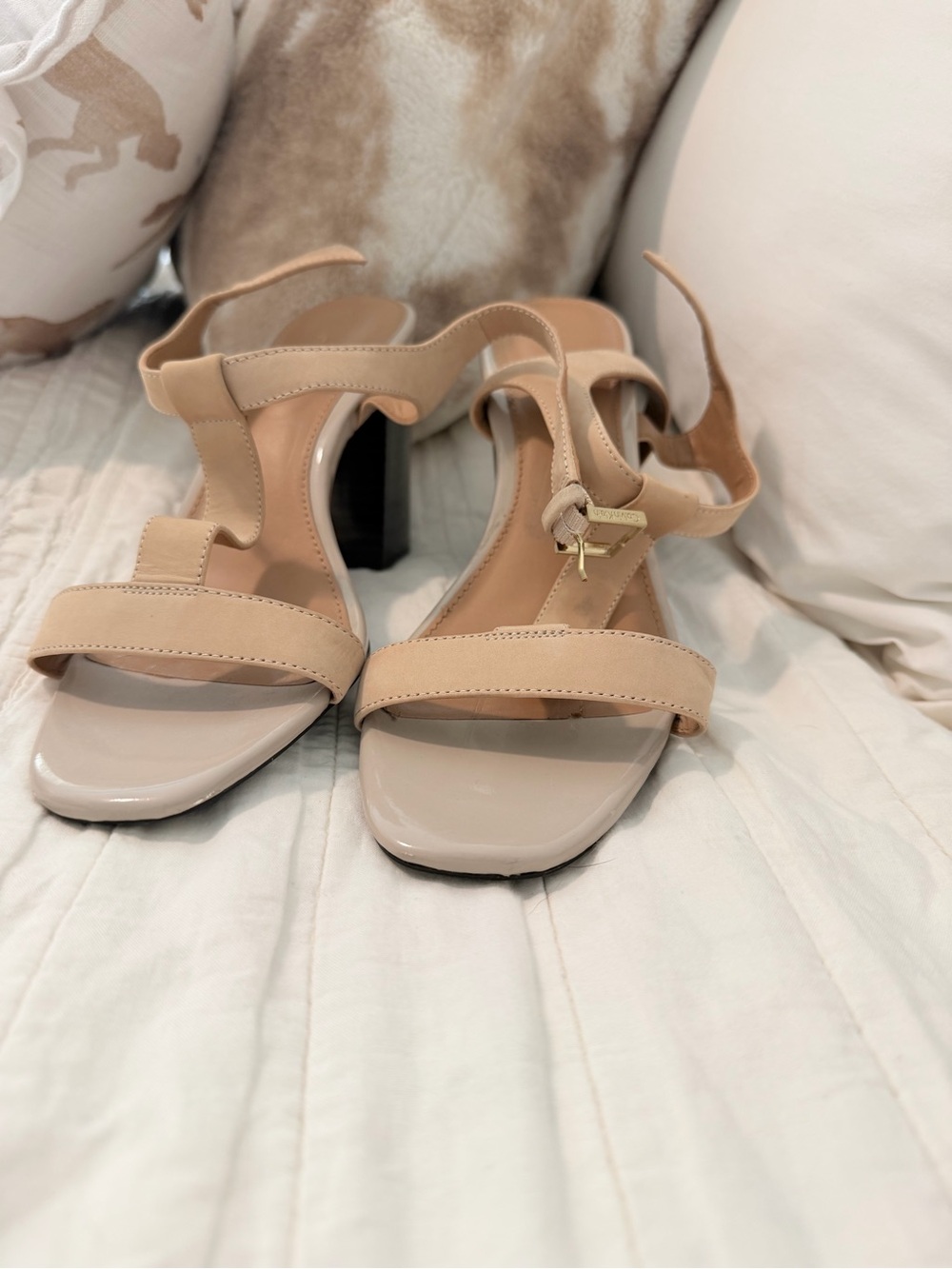 Calvin Klein Nude Beige Strappy Block Heel Sandals